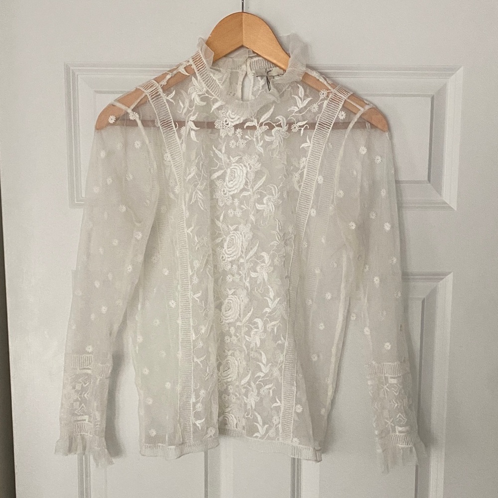 Joie Sheer Embroidered Lace High-Neck Blouse, White, Size Small